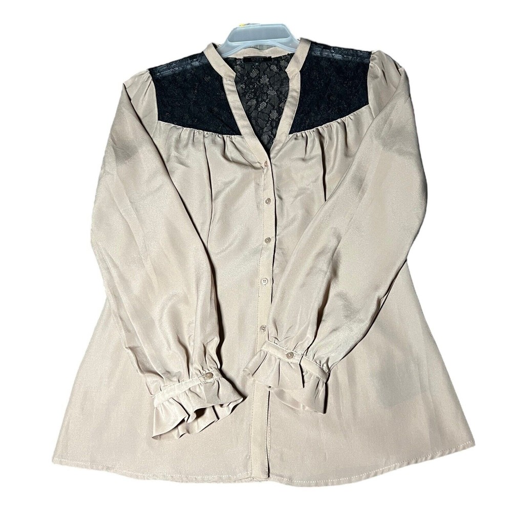 Guess Los Angeles Beige Button-Up Black Lace Light Blouse Womens Size Medium